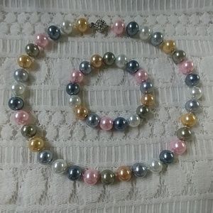 Chunky Multi Color Pearl Necklace & Bracelet Set